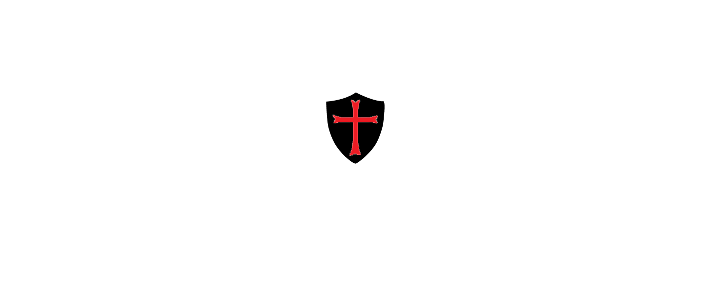 Black shield emblem featuring a prominent red cross, symbolizing strength and faith. Suitable for branding or religious themes.